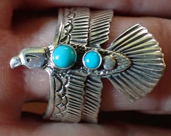 Eagle with Turquoise Sterling Ring Sz 11.5