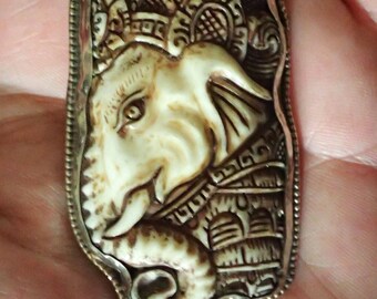 Carved Ganesha Elephant god Pendant in Tibetan silver