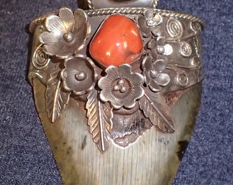 Sterling Big Megalodon Shark Tooth Pendant with coral WOW!