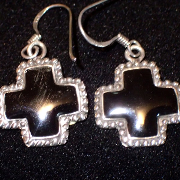 Inlay Black Onyx Cross Sterling Silver Earrings on hooks