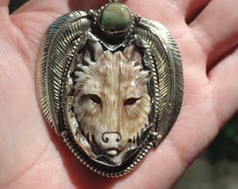 Wolf Dog face Pendant with Turquoise cab