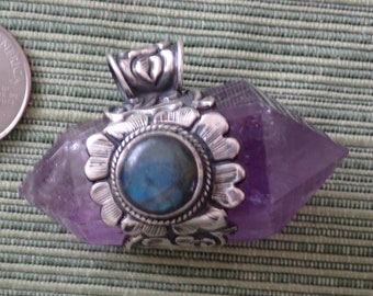 Double Point Amethyst Quartz Crystal Pendant with Flashy Labradorite in Sterling