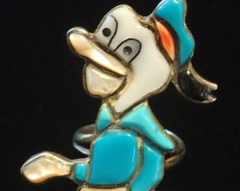 Vintage Donald Duck Disney Style Ring. Inlay Turquoise, Coral, Mother of Pearl, Sterling size 7