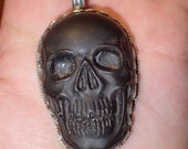 Skull Pendant Carved Matte Black obsidian Skull Face in Sterling ex large