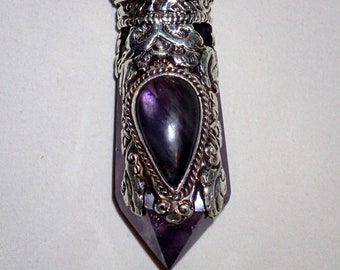 Nice purple Amethyst Crystal Point Pendant in Sterling Silver decoration with teardrop cab