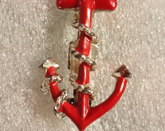 Vintage Gerry's Brooch Pin Red Enamel Anchor Shape with Rope Pinback