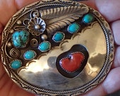 Vintage Native American Navajo Turquoise Coral Sterling Silver Belt Buckle with Feather leaf