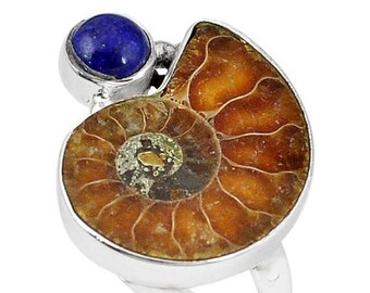 Ammonite Fossil and Lapis Sterling Silver Ring  Size 9