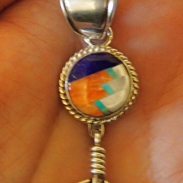 Inlay Feather Pendant Sterling, Lapis,Turquoise, Spiney Oyster, Mother of Pearl