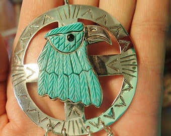 Medicine Wheel Eagle and Feather Pendant with Turquoise in Sterling Silver