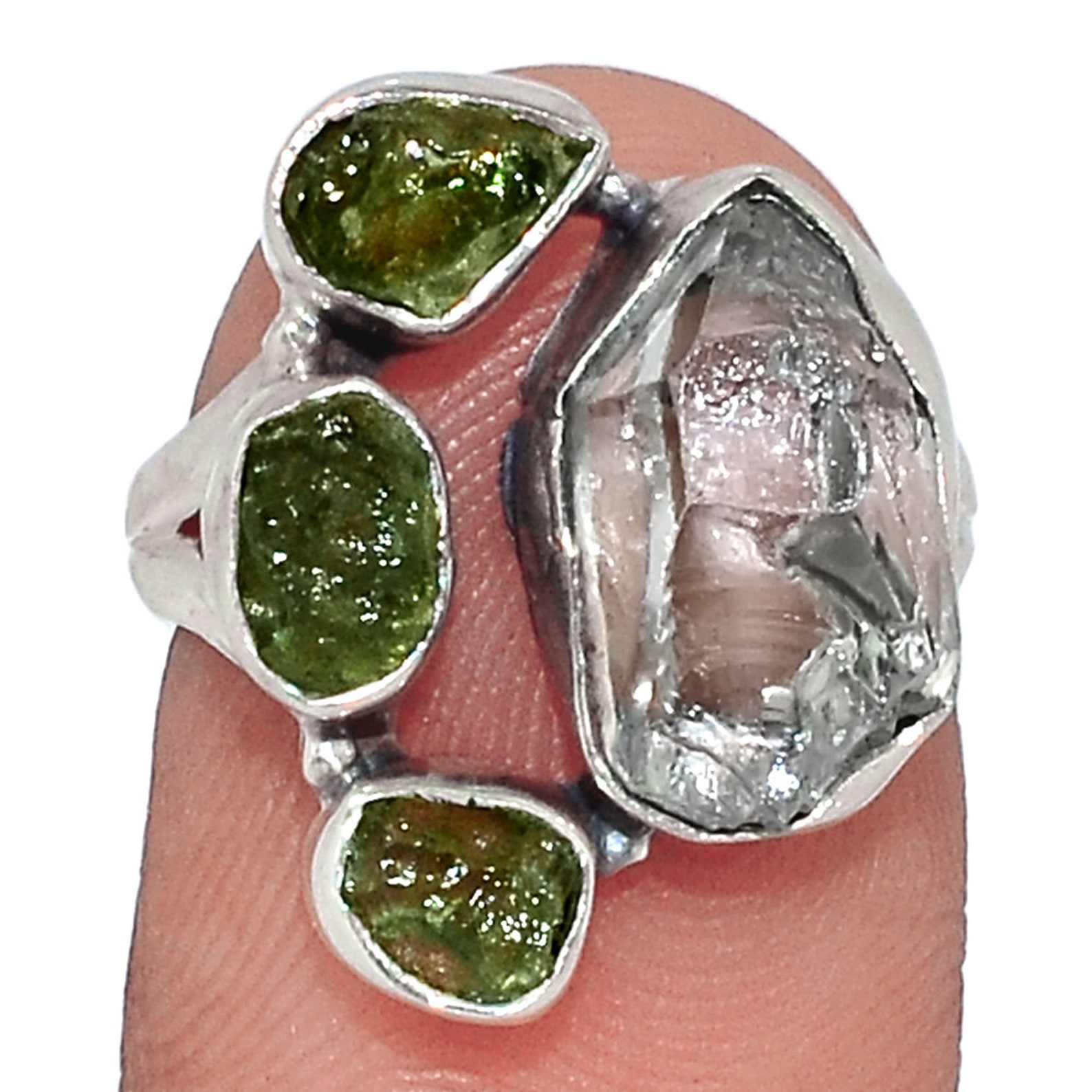 Herkimer Diamond and Moldavite Sterling Silver Ring sz 6.5 Etsy