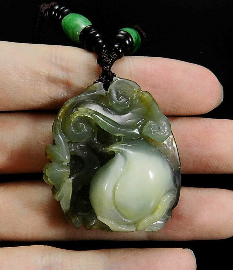 Peach Bat and Ruyi Jade carved Pendant with jadite beaded cord