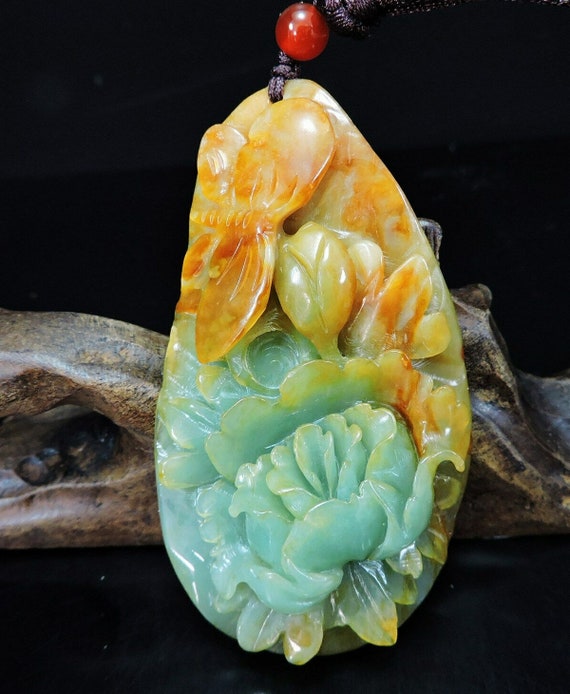 Butterfly and FLower Jade  Pendant Natural Hand-ca