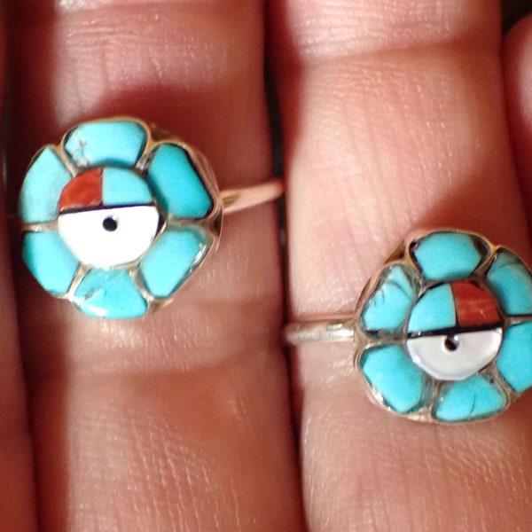 Zuni Inlay Sunface Flower Sterling Turquoise Coral Shell Ring