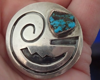 Hopi Round Pendant / Pin with Kingman Turquoise nugget