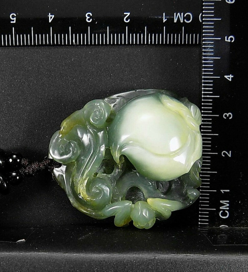 Peach Bat and Ruyi Jade carved Pendant with jadite beaded cord