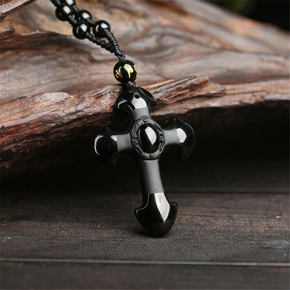 Natural Obsidian Necklace Black Carved  cross Pen… - image 2