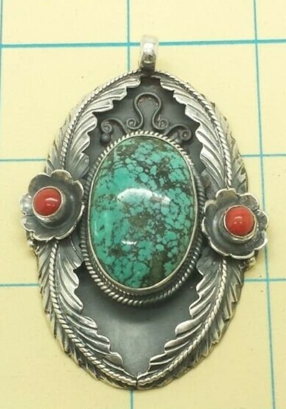 Turquoise Coral Navajo Sterling Silver Pendant - image 3