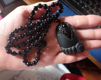 Obsidian spider & foot pendant and beaded necklace