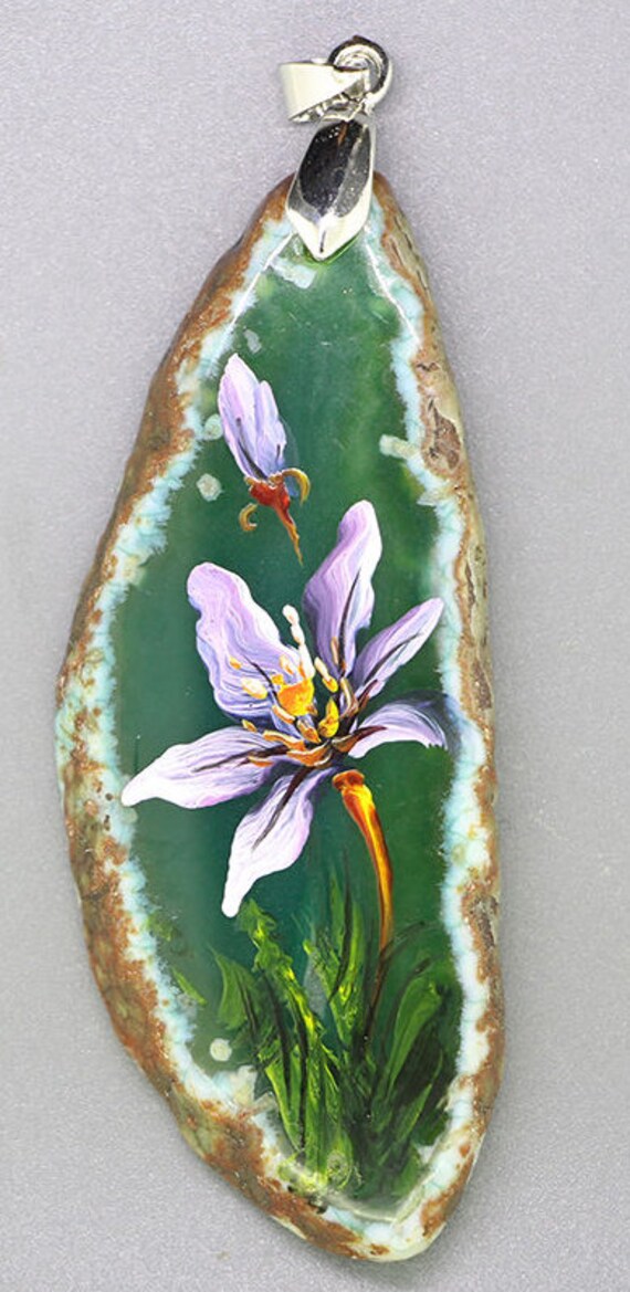 Hand Painted Agate Flower Pendant