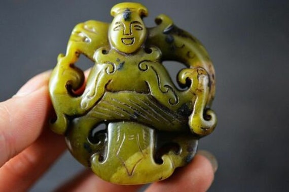 Chinese jade sculpture Dragon & person pendant me… - image 1