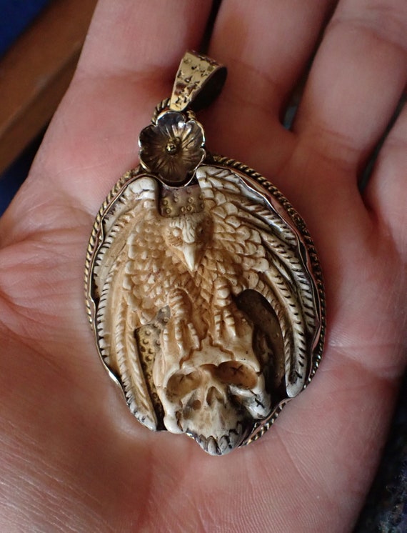 Skull and Bird Pendant in Tibetan Silver - image 1