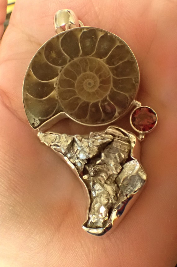 Meteorite and Ammonite Pendant in Sterling - image 3