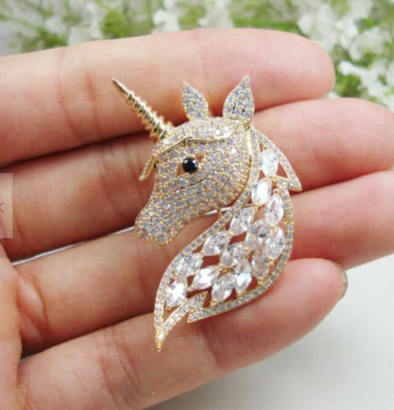 Unicorn Head Zircon Crystal Brooch Pin