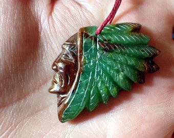 Hand Carved Chrysoprase Indian Head Pendant