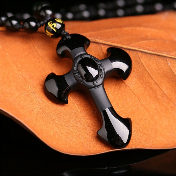 Natural Obsidian Necklace Black Carved  cross Pen… - image 1
