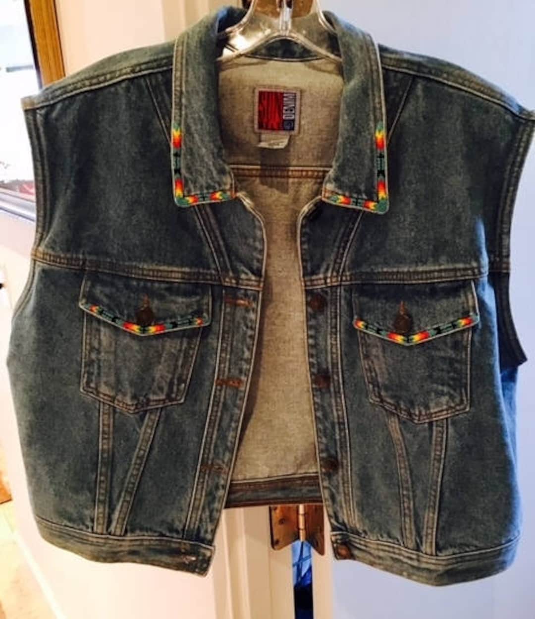 Denim Vest Southwestern Beaded Collar and Pockets Lined Size XL - Etsy