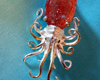 Sunstone Squid / Octopus Brooch in Sterling Silver