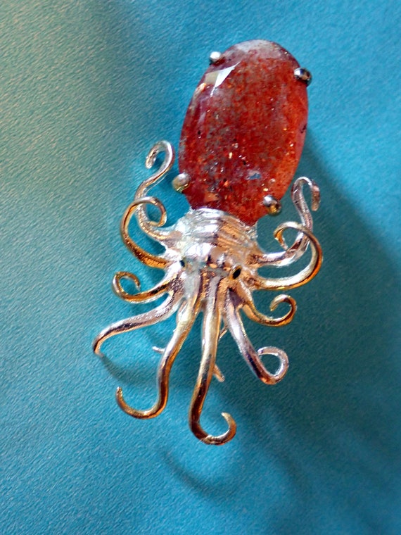 Sunstone Squid / Octopus Brooch in Sterling Silver