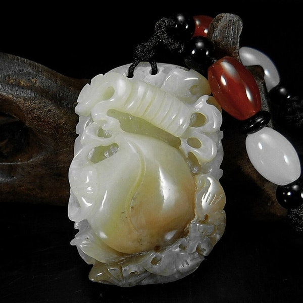 Carved Jade Bat and Peach Pendant with cord and jadite Necklace