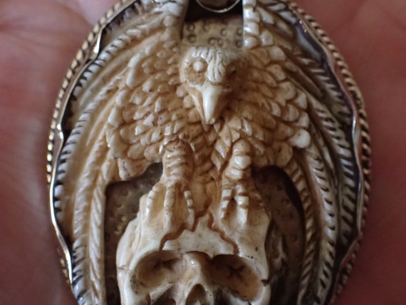 Skull and Bird Pendant in Tibetan Silver - image 2