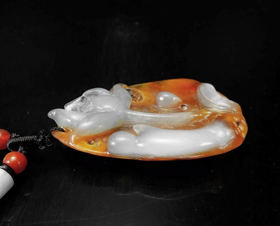 Carved Jade Lotus Flower with Monk Pendant - image 5