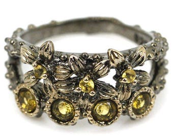 Golden Citrine Crown Black Gold Silver Ring size 9.0