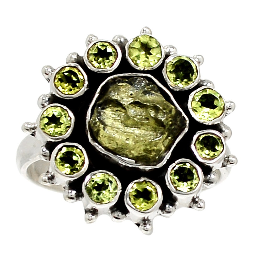 Moldavite With Peridot Sterling Silver Ring Sz 9 Etsy