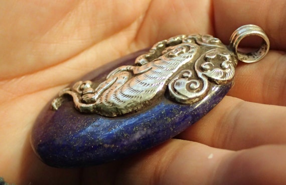 Oval Lapis Medallion Pendant with Sterling Silver… - image 4