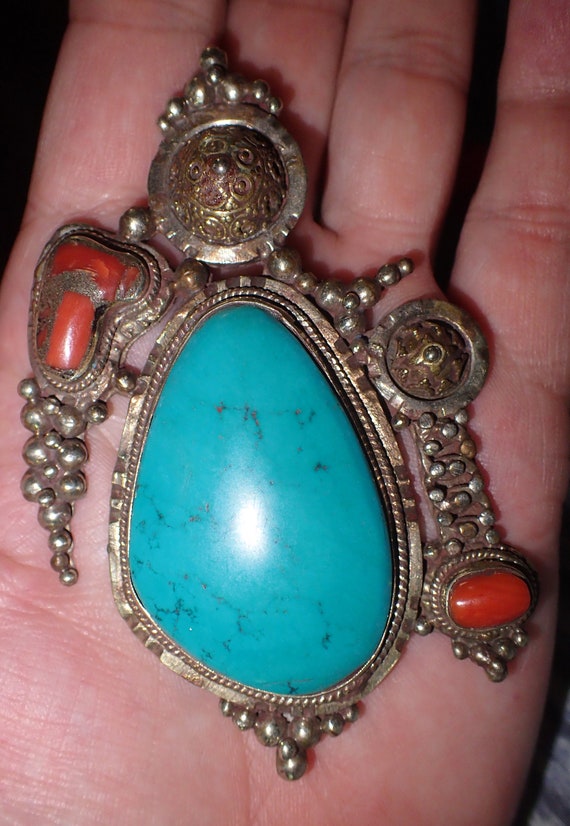 Large Turquoise Coral Brass Pendant - image 2