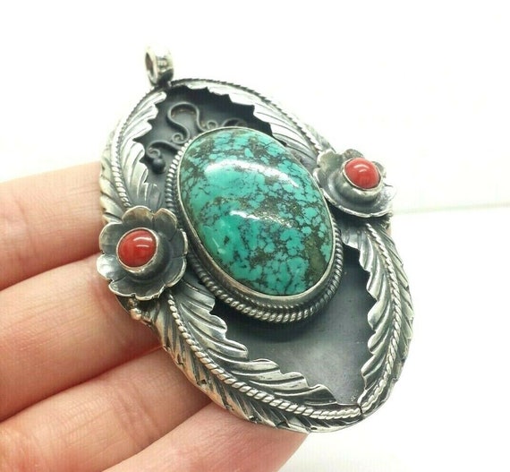 Turquoise Coral Navajo Sterling Silver Pendant - image 1