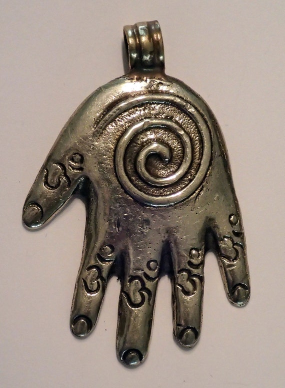 Nickle Silver Hand Pendant with Swirl and Ohm des… - image 1