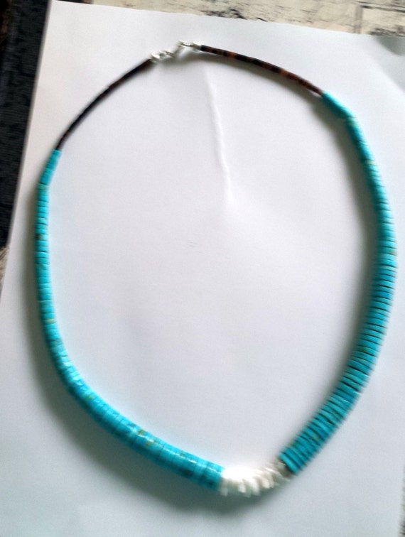 Turquoise and Shell Heshi Bead Necklace 24 inch