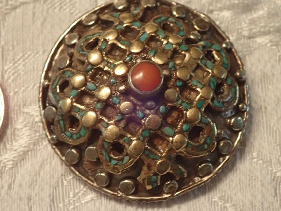 Brass Round Pendant with red Amber and Turquoise - image 2