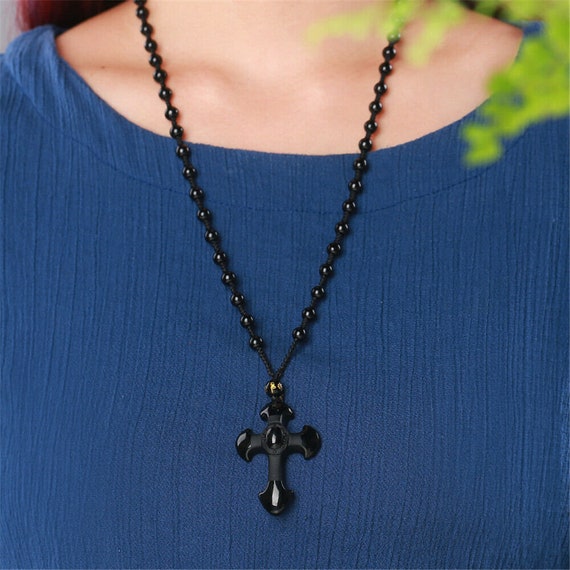 Natural Obsidian Necklace Black Carved  cross Pen… - image 3