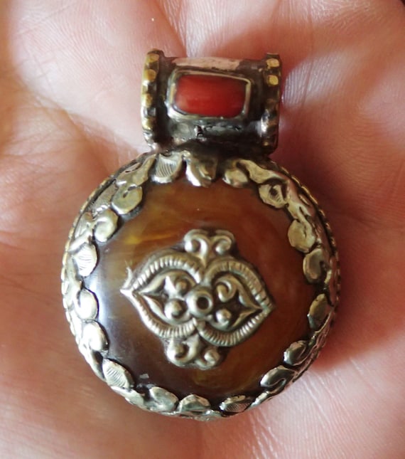 Old Amber in Tibetan Silver Pendant with red - image 1