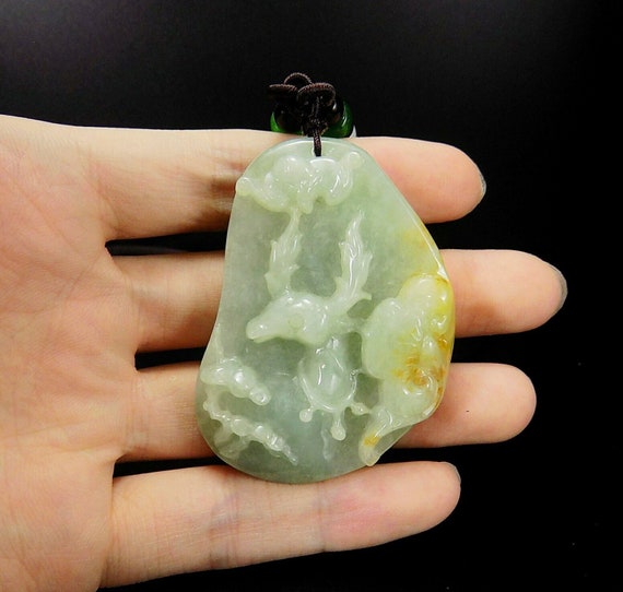 Jadeite Deer Bat and Ruyi Pendant Unique, Green 1… - image 5