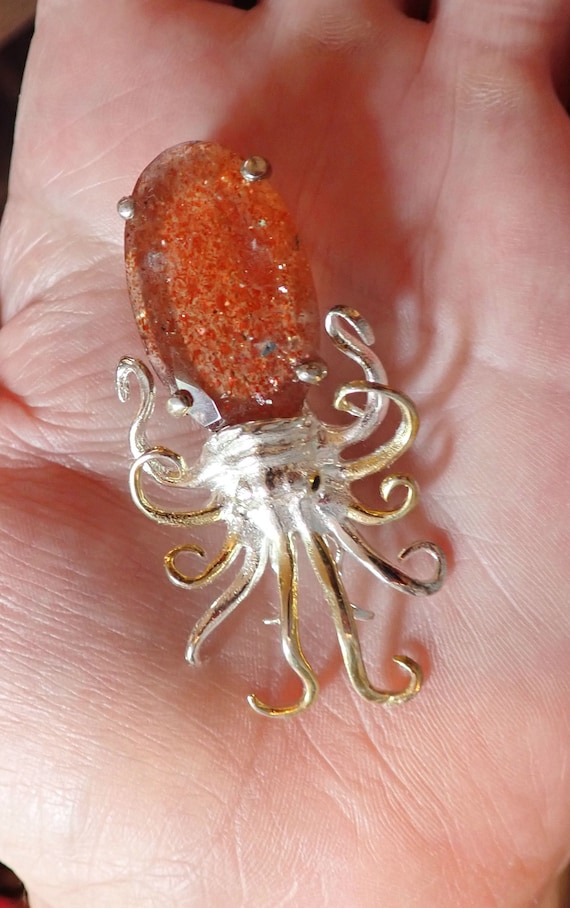 Sunstone Squid / Octopus Brooch in Sterling Silver - image 3