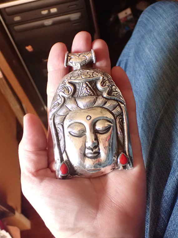 Ex Large Sterling Quanyin / Buddha with Coral Pend