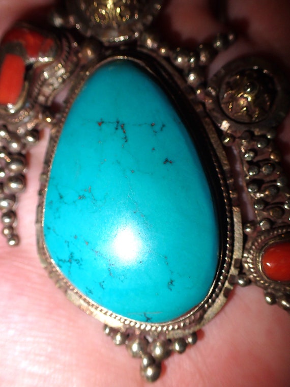 Large Turquoise Coral Brass Pendant - image 4